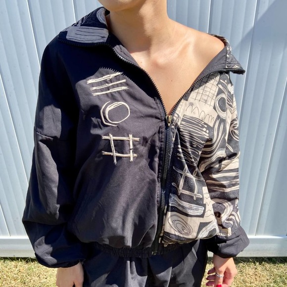 Pebble Beach Black Brown Retro Geometric 90’s Windbreaker Tracksuit Vintage Sz S - Picture 1 of 6